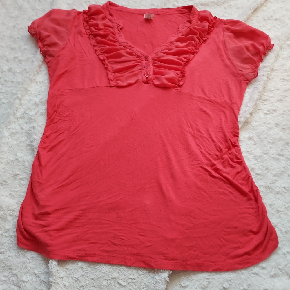 Ruffled Coral Pink Maternity V-Neck Top